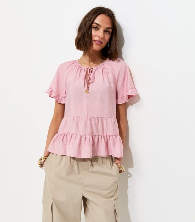 New Look Women's Light Pink Tiered Tie Neck Top New Look - 2