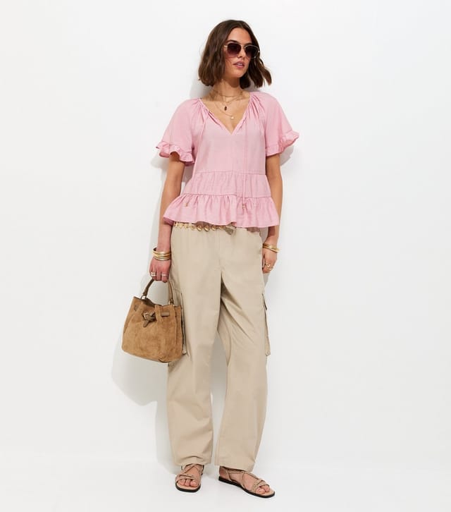 New Look Women's Light Pink Tiered Tie Neck Top New Look - 3