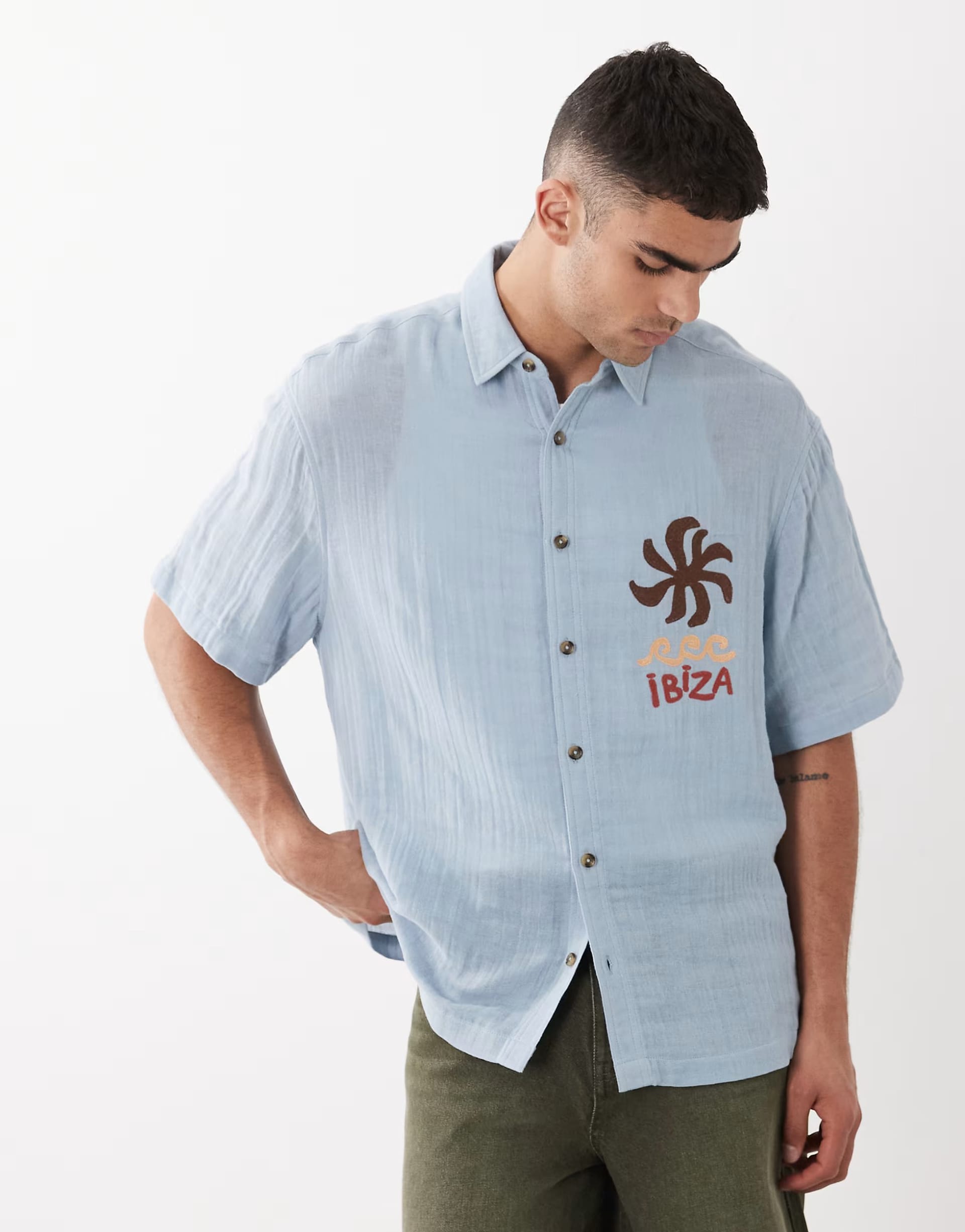 ASOS DESIGN oversized double cloth shirt with chest embroidery in blue