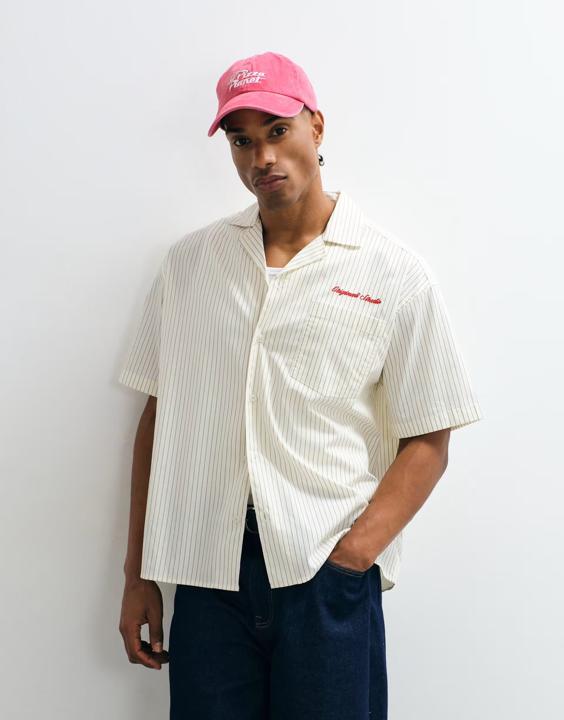 ASOS Jack & Jones short sleeve stripe poplin shirt with embroidery in white