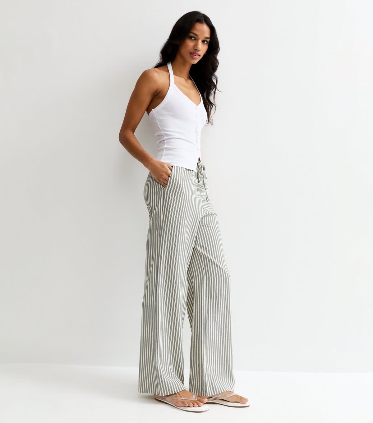 New Look Women's Cream Striped Seersucker Wide Leg Trousers New Look