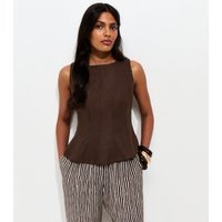 New Look Women's Dark Brown Linen Blend Peplum Top New Look - 3
