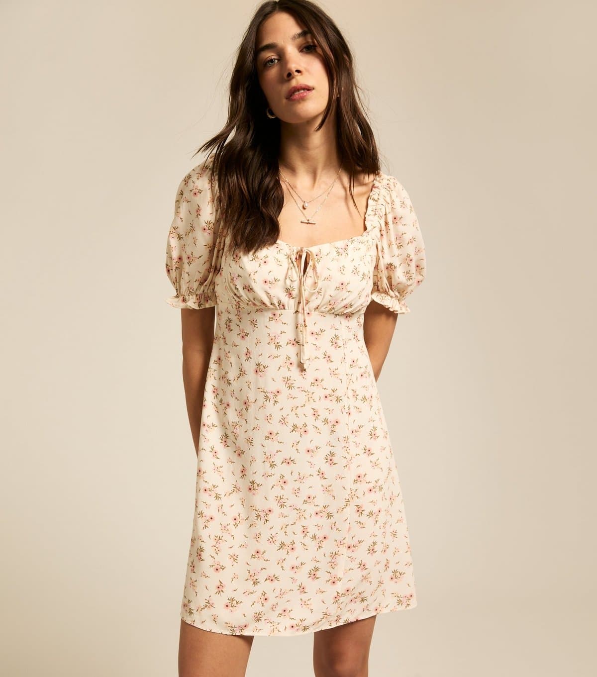 New Look Women's Cream Floral Print Milkmaid Mini Dress New Look