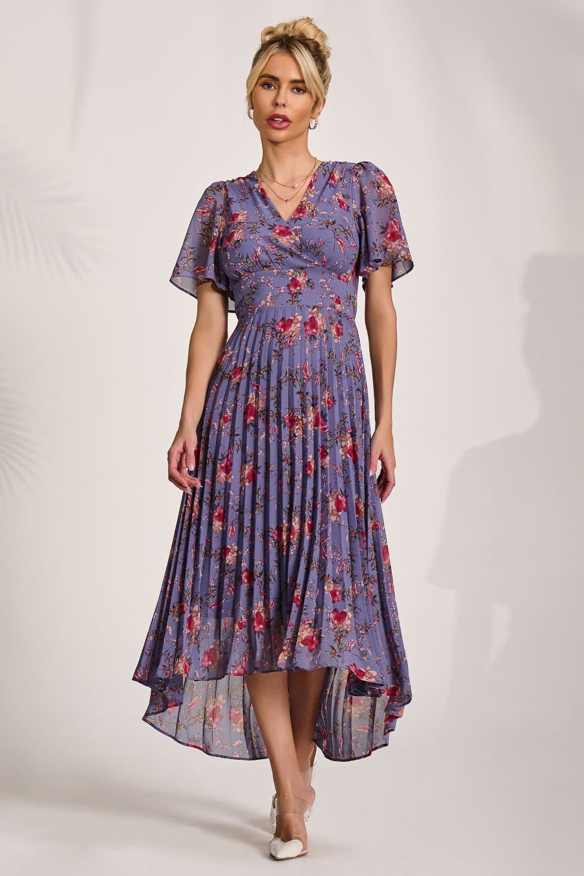 Jolie Moi Jolie Moi Women's Printed Chiffon Pleated Maxi Dress in Purple