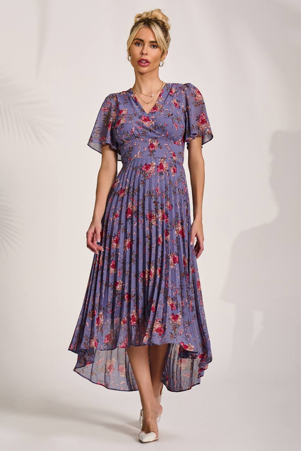 Jolie Moi Jolie Moi Women's Printed Chiffon Pleated Maxi Dress in Purple - 2