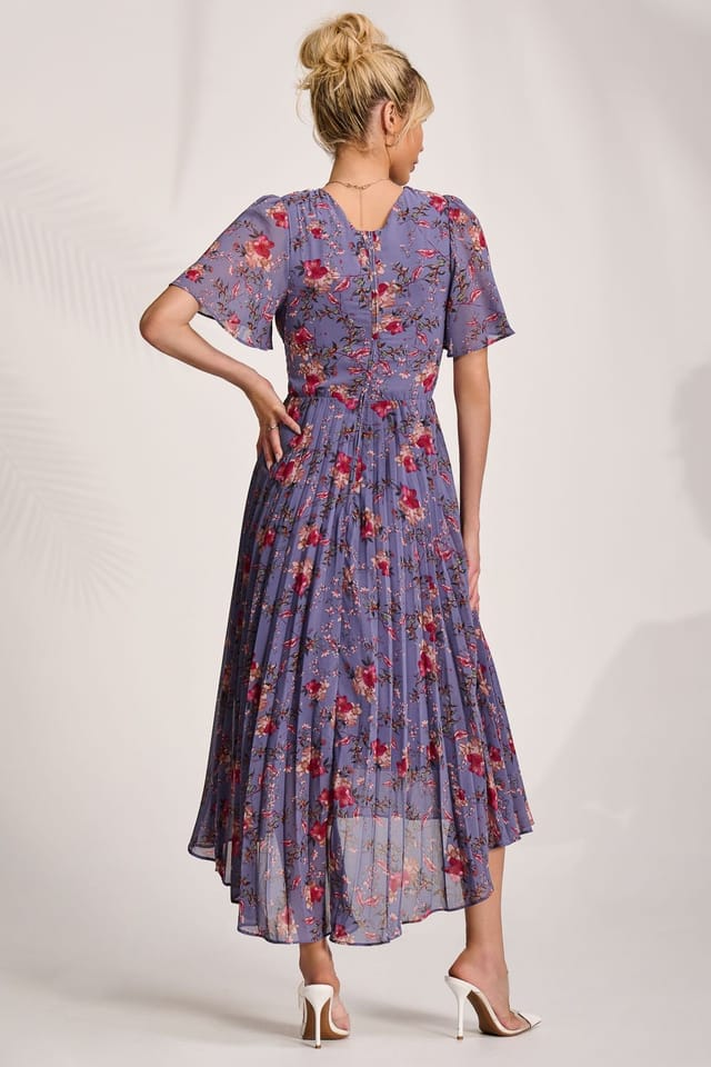 Jolie Moi Jolie Moi Women's Printed Chiffon Pleated Maxi Dress in Purple - 2