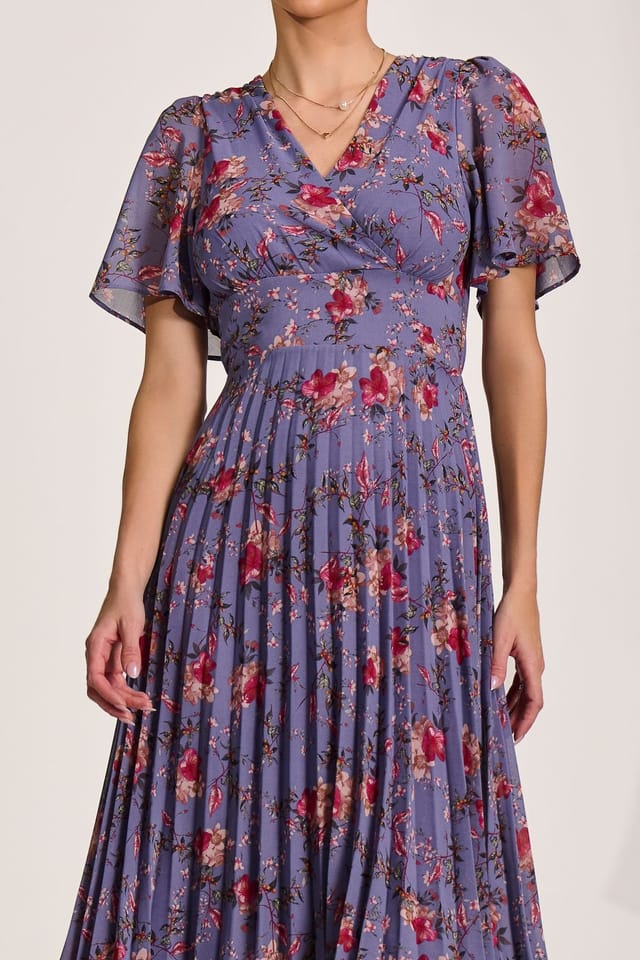 Jolie Moi Jolie Moi Women's Printed Chiffon Pleated Maxi Dress in Purple - 3