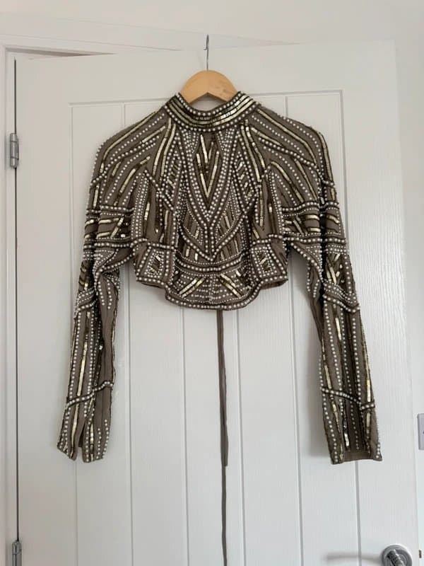ASOS Asos Luxe Embellished Beaded High Neck Lace up back long sleeve crop top