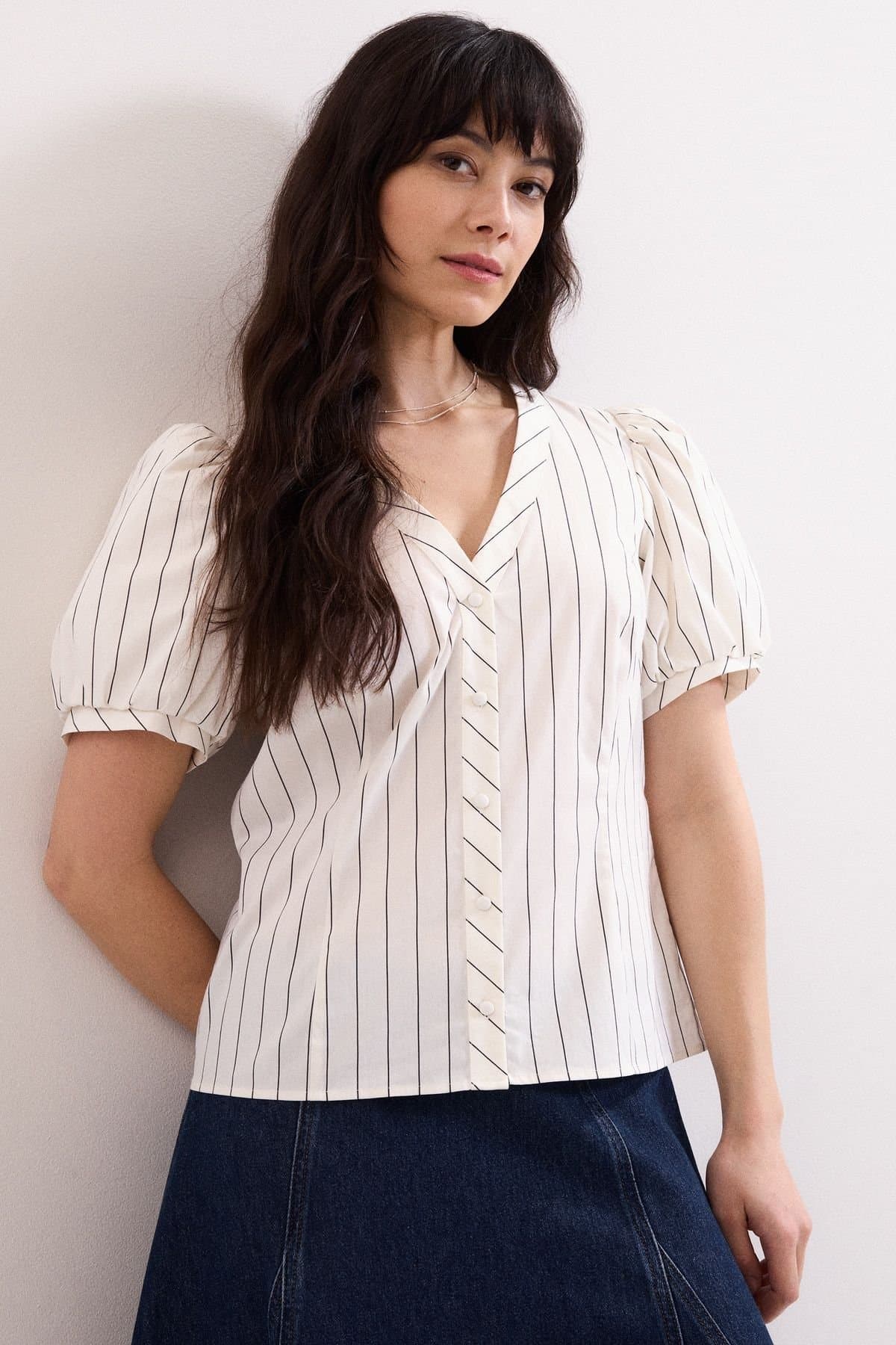 Phase Eight Phase Eight White V-Neck Blouse with Puff Sleeves
