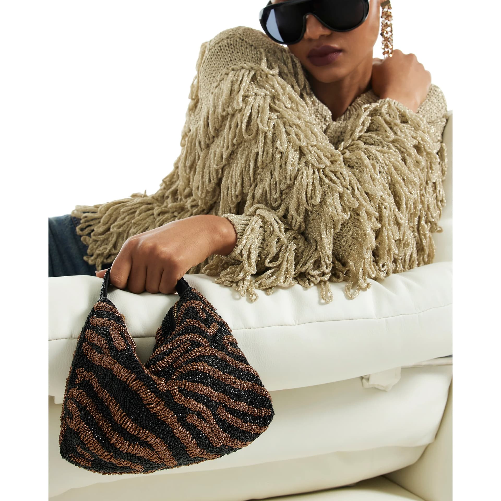 River Island River Island Womens Black Stripe Beaded Clutch Bag