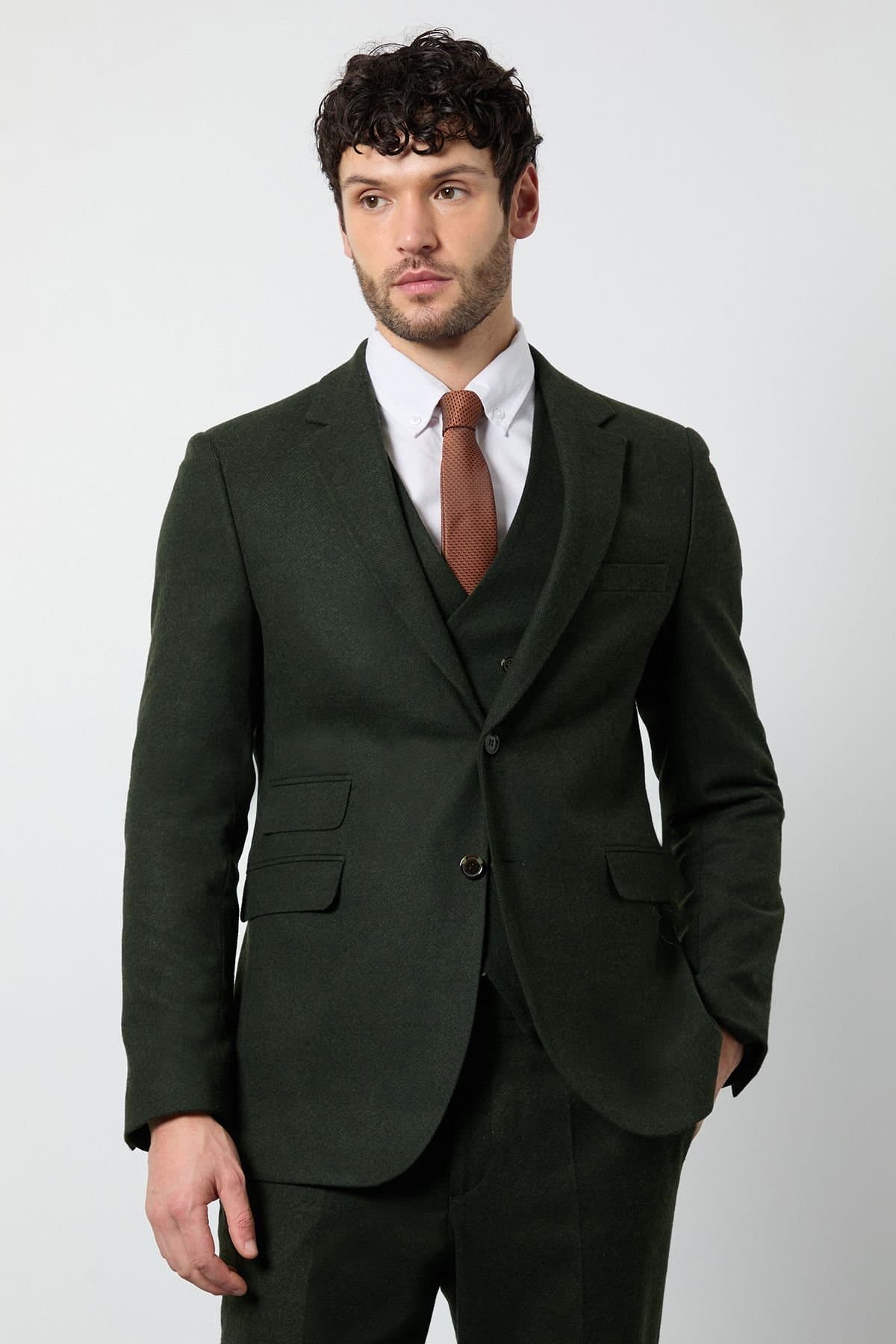 Burton Burton Men's Dark Green Tweed Look Tailored Fit Jacket