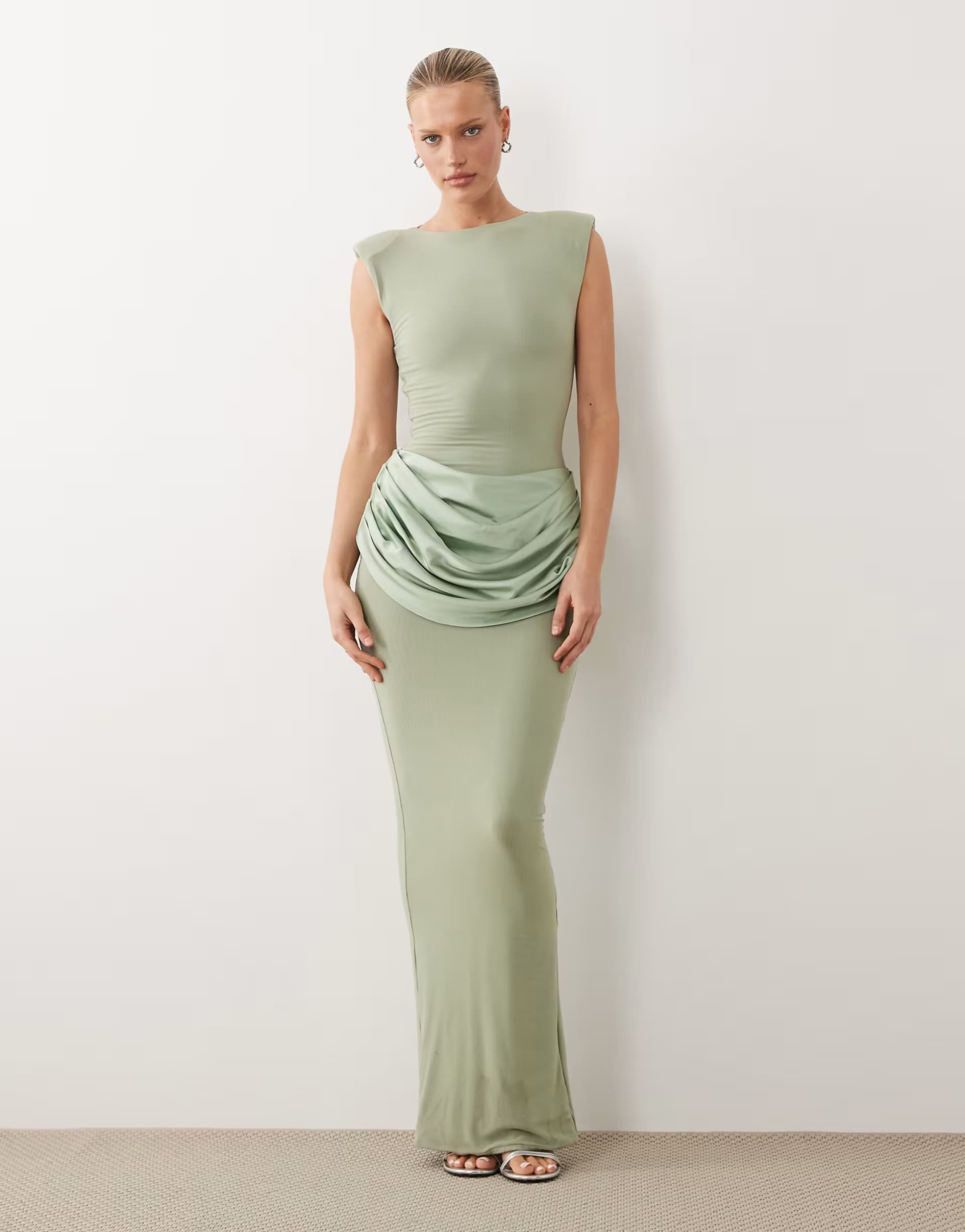 ASOS Wanderdoll Eman sleeveless slash neck satin drape waist detail bodycon maxi dress in sage green