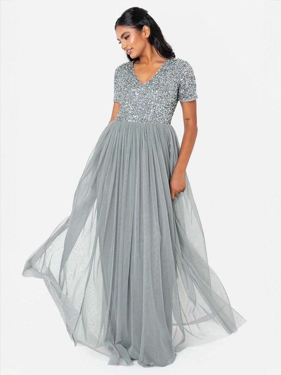 Maya Deluxe Maya Deluxe Women's Short Sleeve V Neck Embellished Maxi Dress in Teal - 3