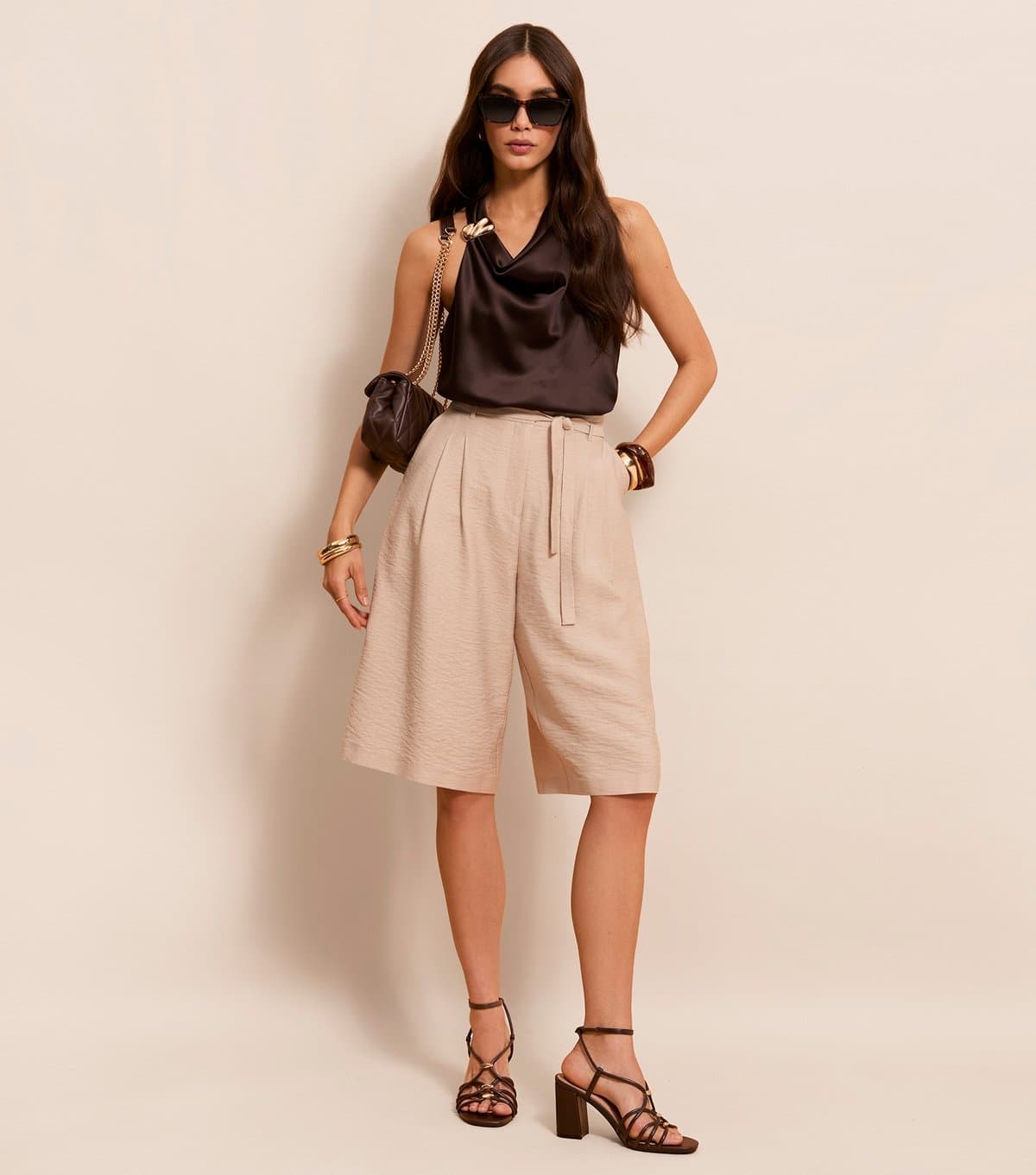 New Look Women's Dark Brown Hardware Detail Satin Cowl Neck Top New Look