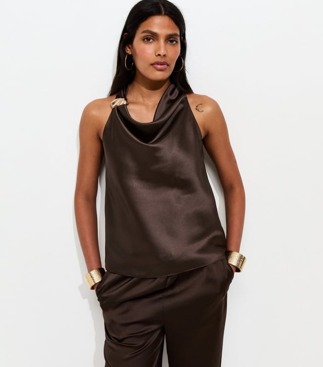 New Look Women's Dark Brown Hardware Detail Satin Cowl Neck Top New Look - 3