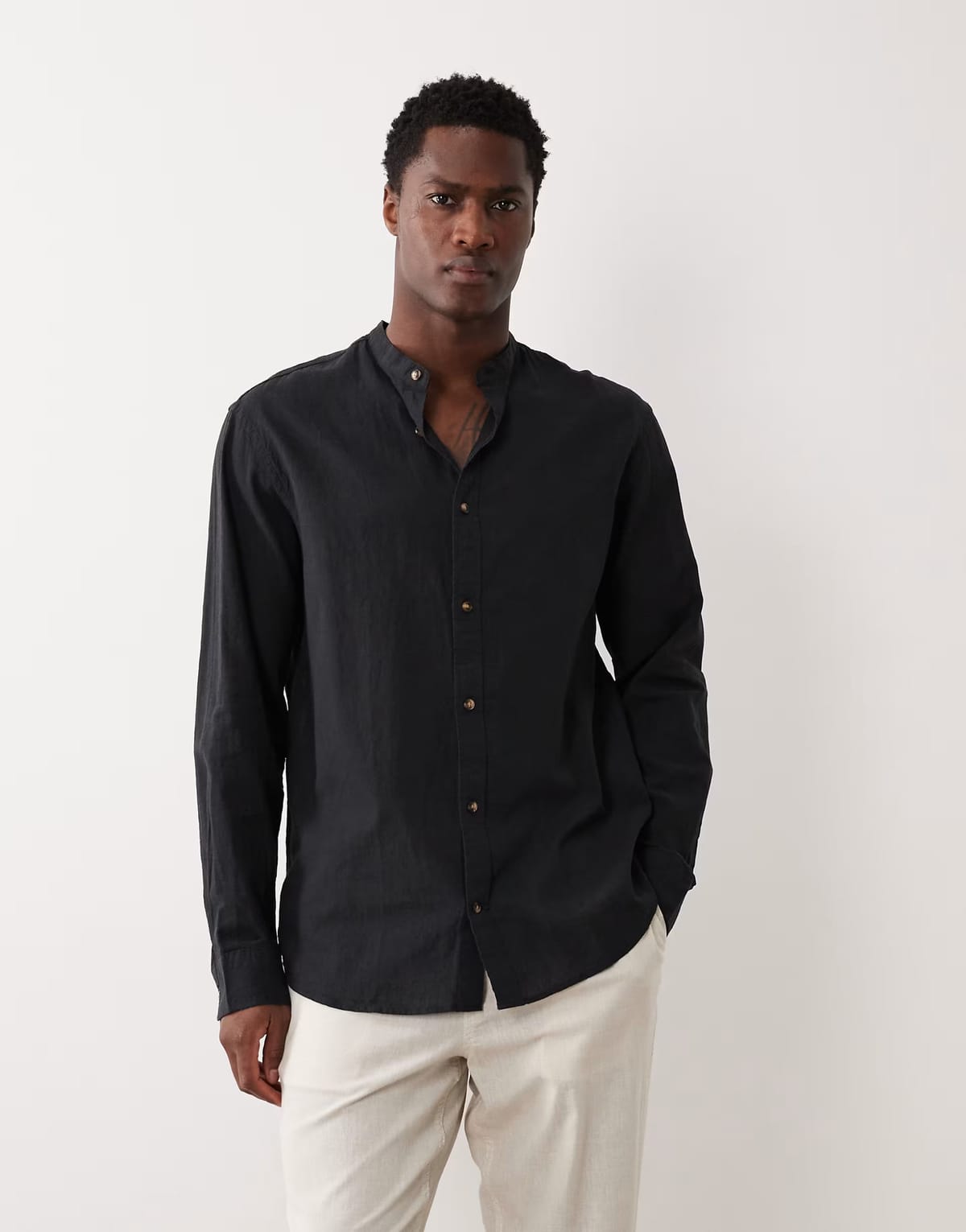 ASOS Jack & Jones grandad collar linen blend long sleeve shirt in black - 1