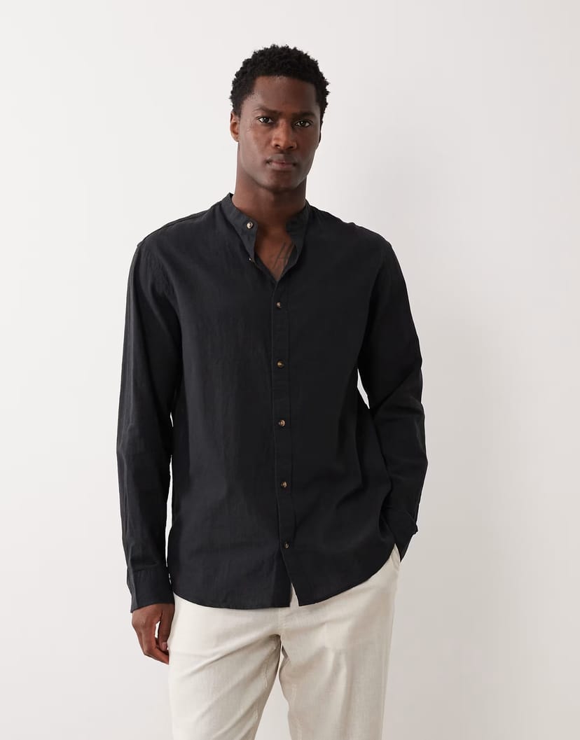 ASOS Jack & Jones grandad collar linen blend long sleeve shirt in black - 1