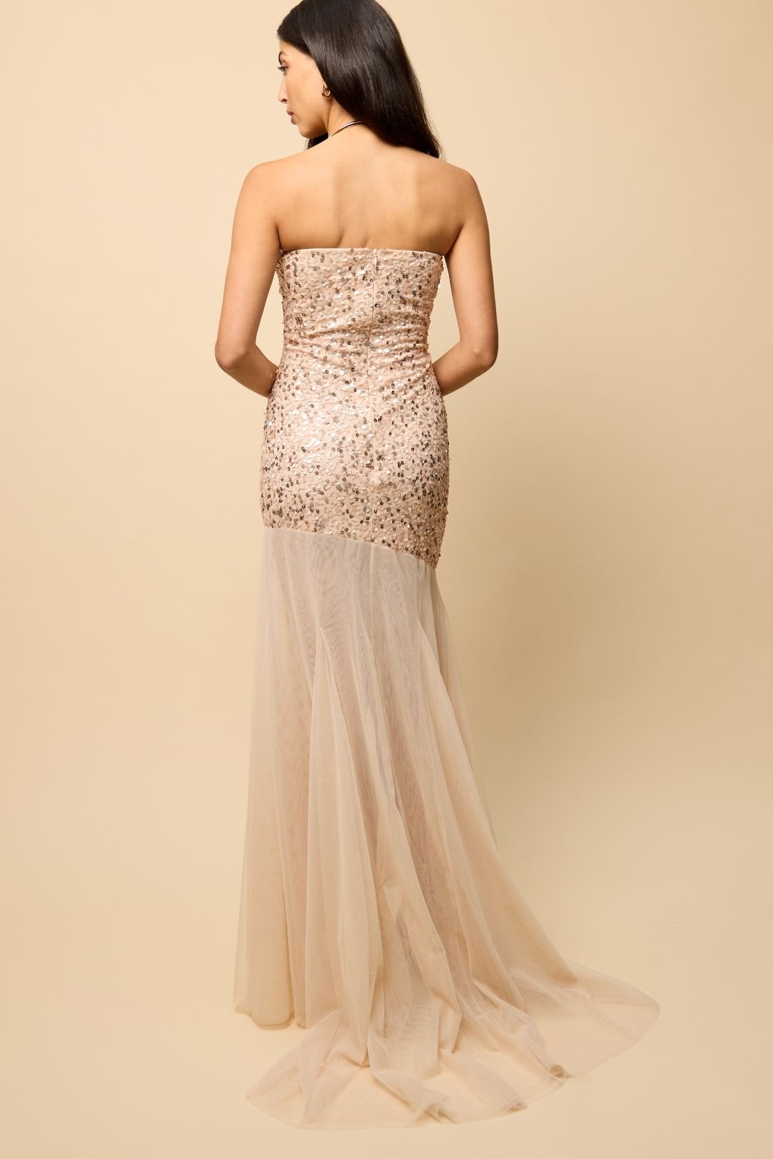 Little Mistress Little Mistress Women's Nude Mesh Train Embellished Maxi Dress - 2