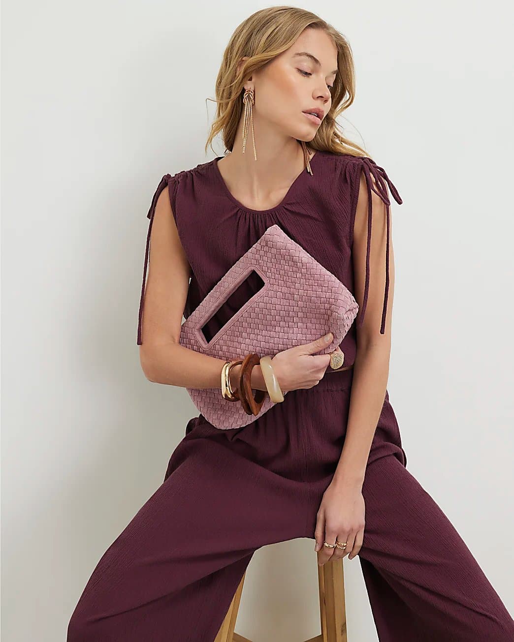 River Island River Island Womens Pink Suede Woven Clutch Bag