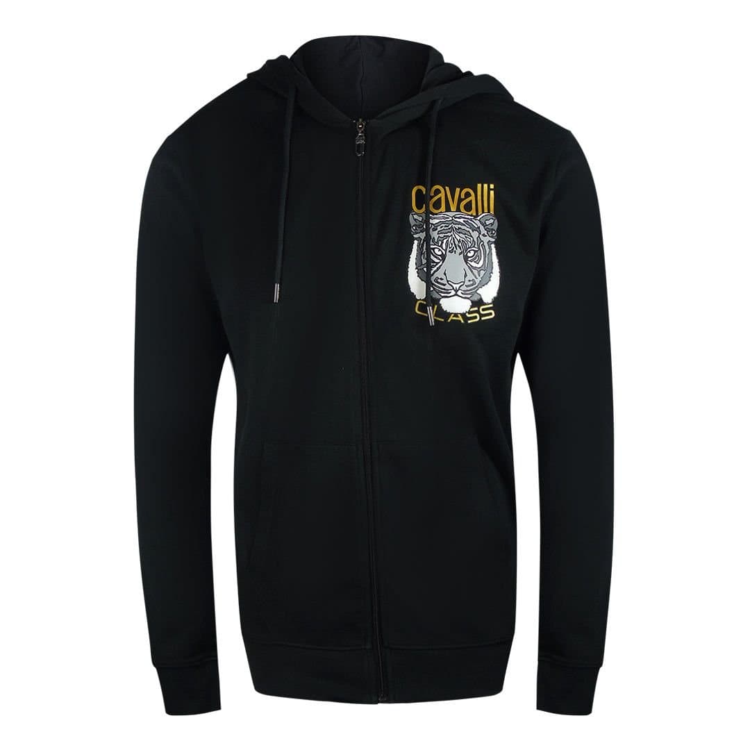 Cavalli Class Cavalli Class Men's Bold Tiger Graphic Logo Black Zip-Up Hoodie