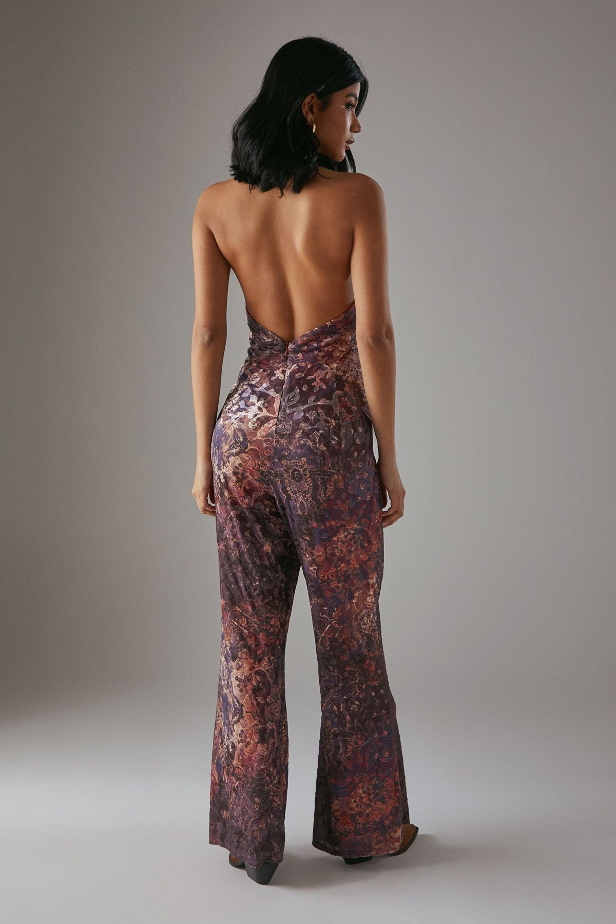 Warehouse Warehouse Women's HCD Paisley Devore Plunge Neck Halter Jumpsuit in Rust - 4