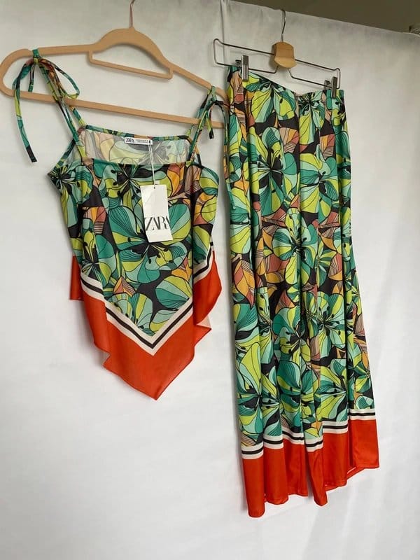 Zara ZARA Floral Printed Co-ord Set | Satin-Finish Handkerchief Hem Top & Wide Leg Trousers | Size M - 1