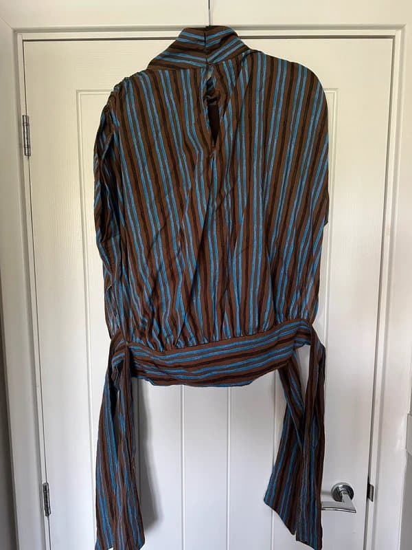 Topshop Topshop funnel neck gathered waist tie detail top in brown stripe