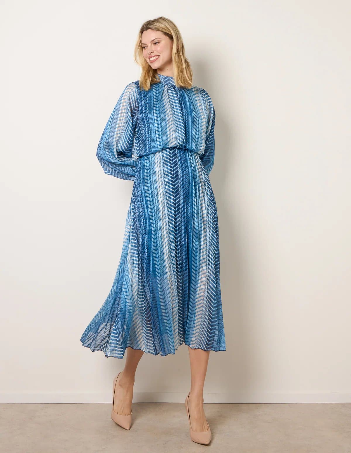 Blue Vanilla Zig Zag Metallic High Neck Puffball Pleated Dress