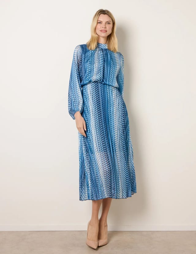 Blue Vanilla Zig Zag Metallic High Neck Puffball Pleated Dress - 2