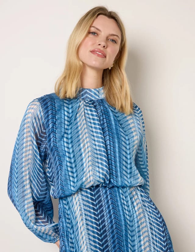 Blue Vanilla Zig Zag Metallic High Neck Puffball Pleated Dress - 3