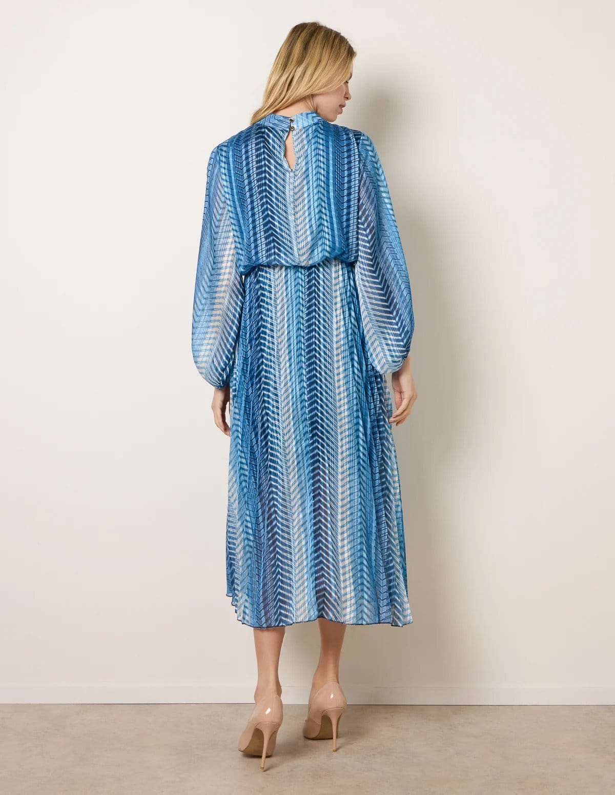 Blue Vanilla Zig Zag Metallic High Neck Puffball Pleated Dress - 4