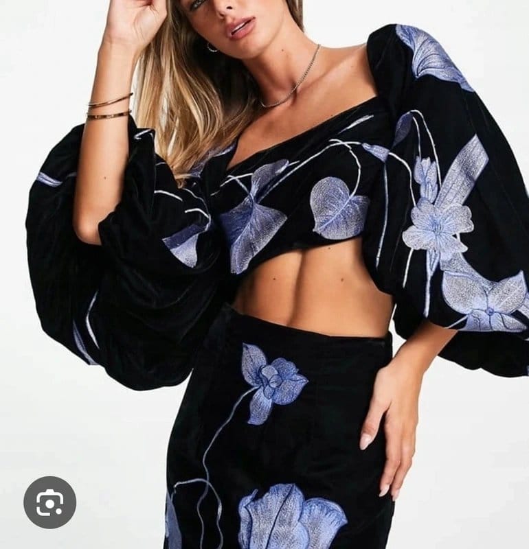 ASOS Design Black Velvet Crop Corset Top with Bell Sleeves