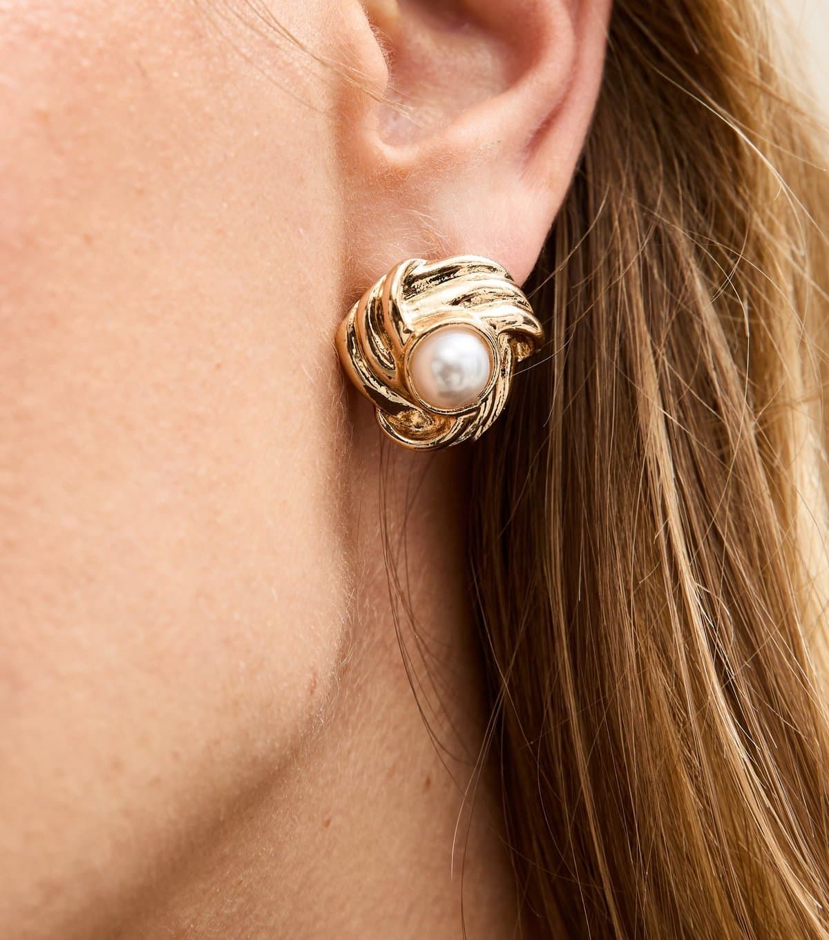 New Look New Look Gold Tone Ribbed Faux Pearl Knot Earrings