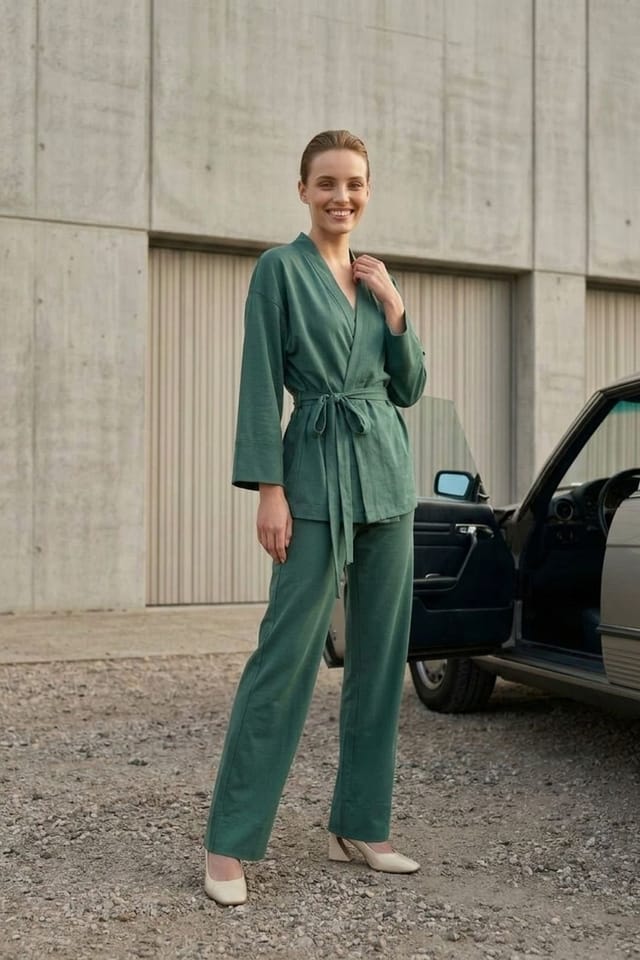 MyFashion MyFashion Women's Belted V-neck Long Sleeve Two-Piece Set in Khaki - 2