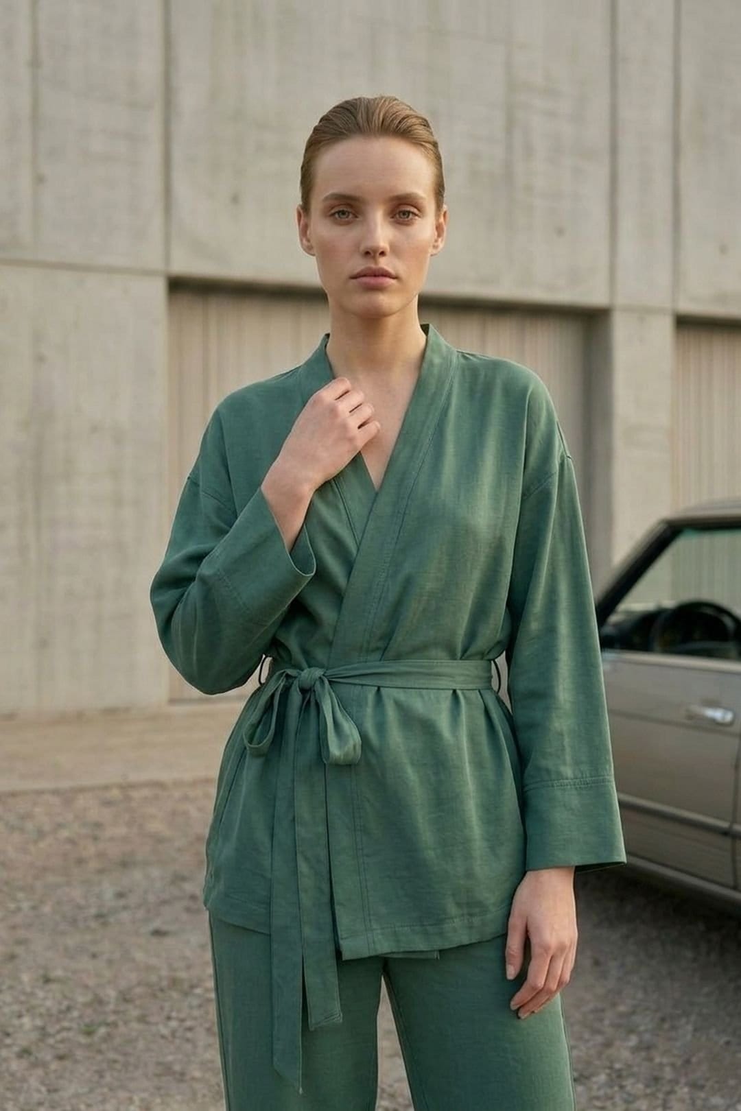 MyFashion MyFashion Women's Belted V-neck Long Sleeve Two-Piece Set in Khaki - 4