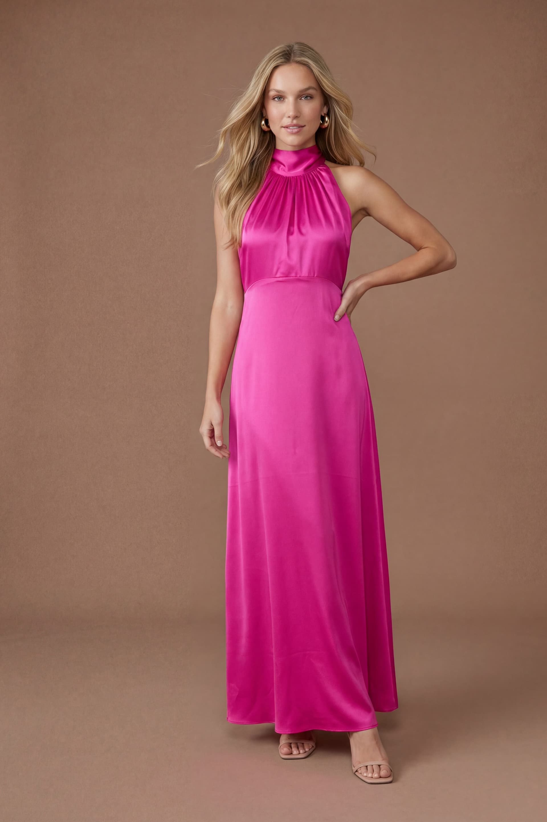 Oasis Oasis Women's Bright Pink Satin Halter Neck Maxi Bridesmaid Dress