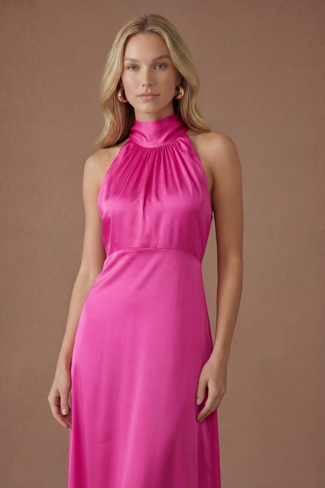 Oasis Oasis Women's Bright Pink Satin Halter Neck Maxi Bridesmaid Dress - 2