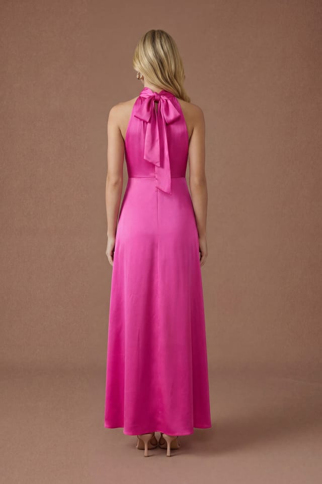 Oasis Oasis Women's Bright Pink Satin Halter Neck Maxi Bridesmaid Dress - 3
