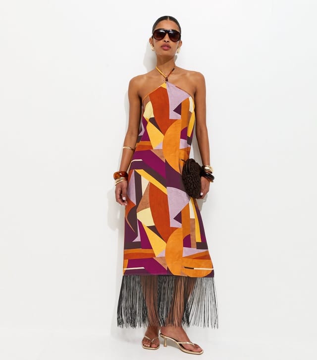 New Look Women's Multicoloured Geometric Print Halter Neck Midi Dress New Look - 3