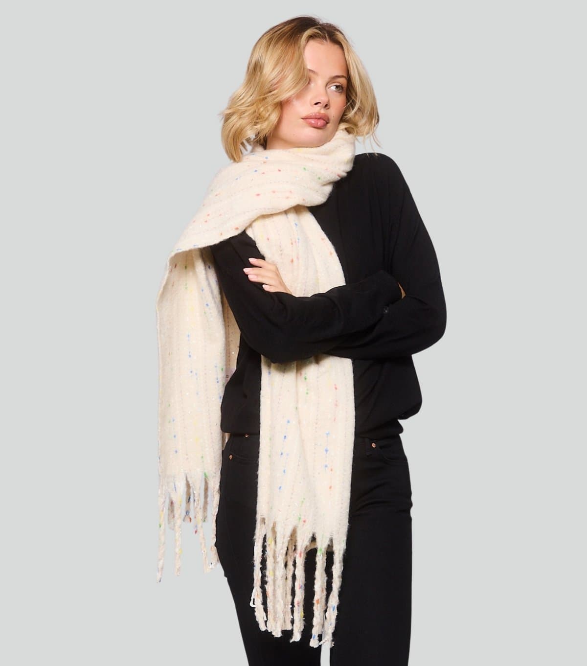 South Beach South Beach Cream Woven Thread Detail Scarf