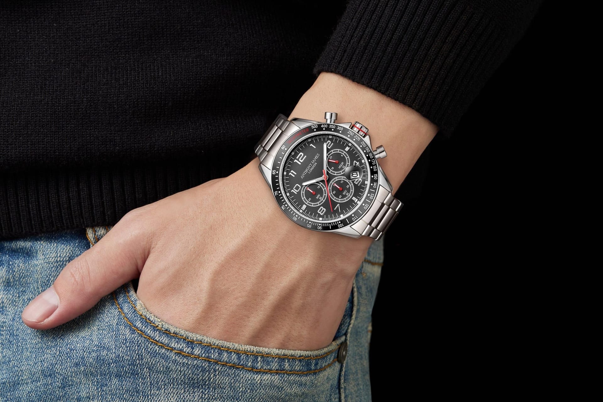 Anthony James Anthony James Men's Hand Assembled Tachymeter Chrono Steel Black Watch - 4