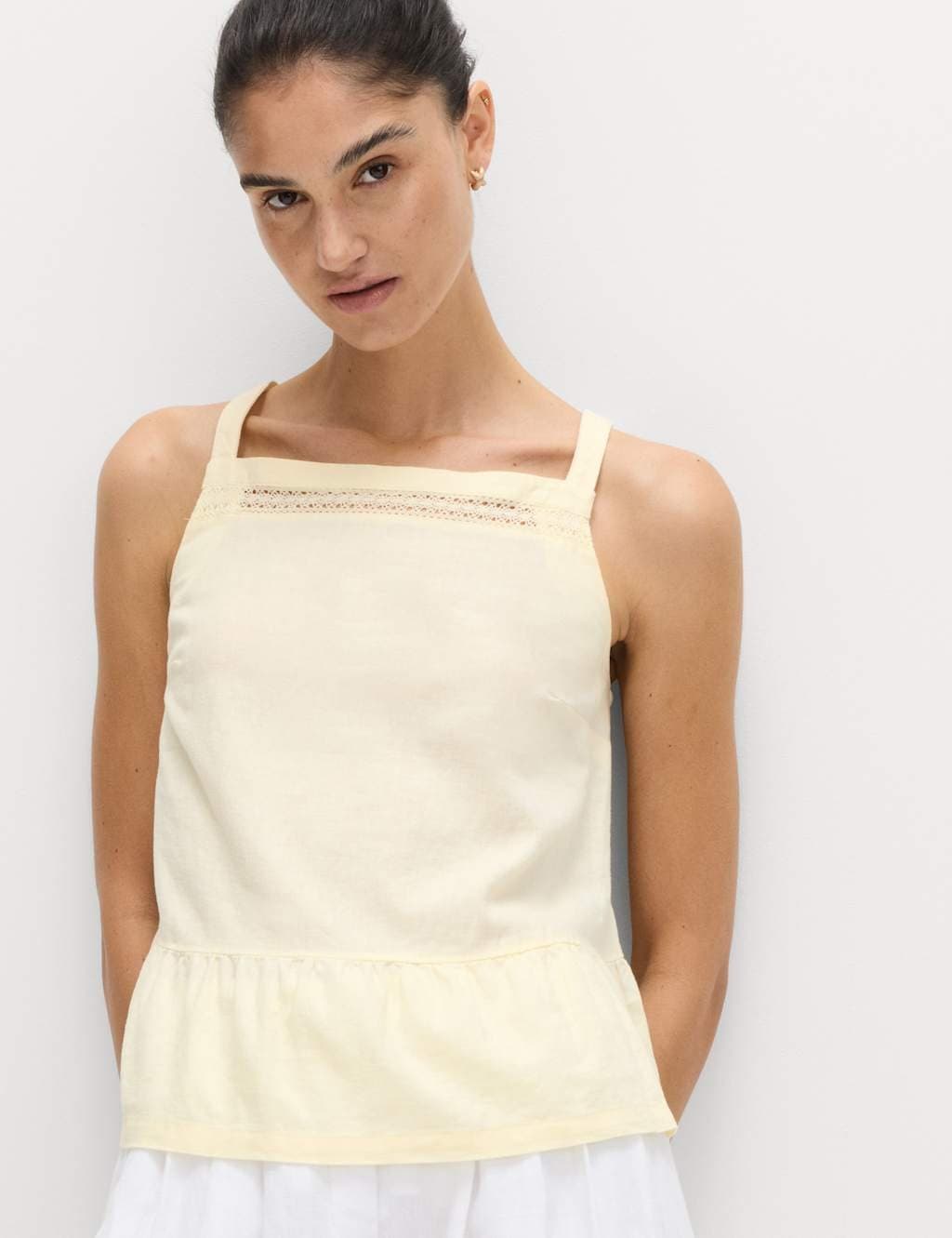Marks & Spencer M&S Linen Rich Square Neck Lace Insert Top Buttermilk