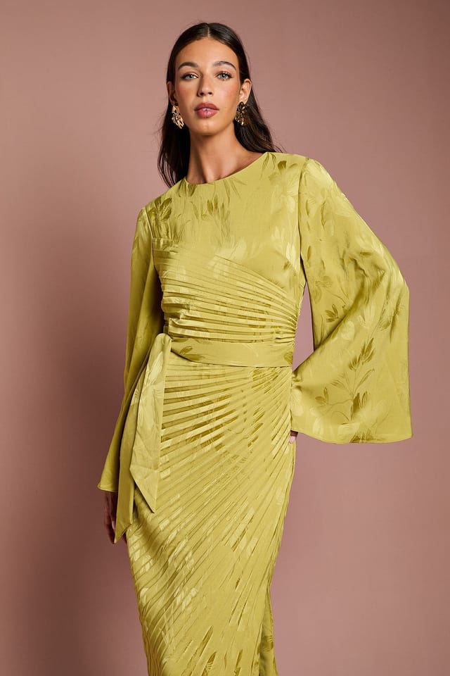 Coast Coast Women's Long Flare Sleeve Pleated Jacquard Midi Dress in Olive - 2