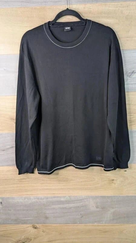 Hugo Boss Hugo Boss Fine Knit Jumper Mens Size EU 52 Large Black Crew Neck Cotton Soft