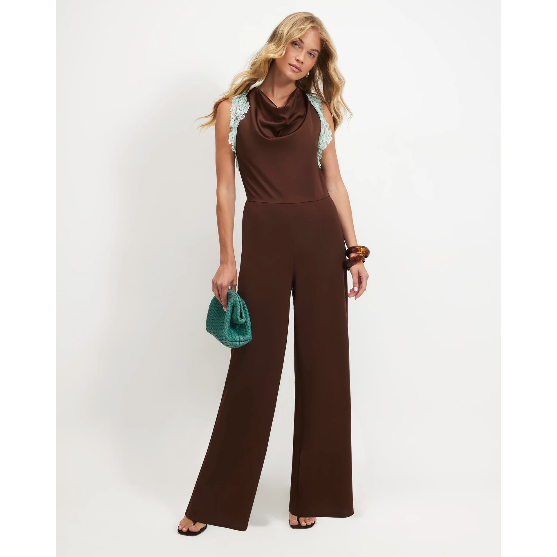River Island River Island Womens Brown Halter Neck Lace Trim Jumpsuit