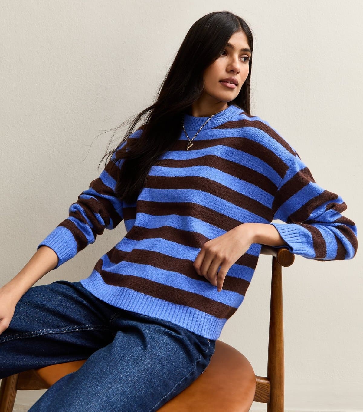 New Look Women's Blue Striped Relaxed Crew Neck Jumper New Look