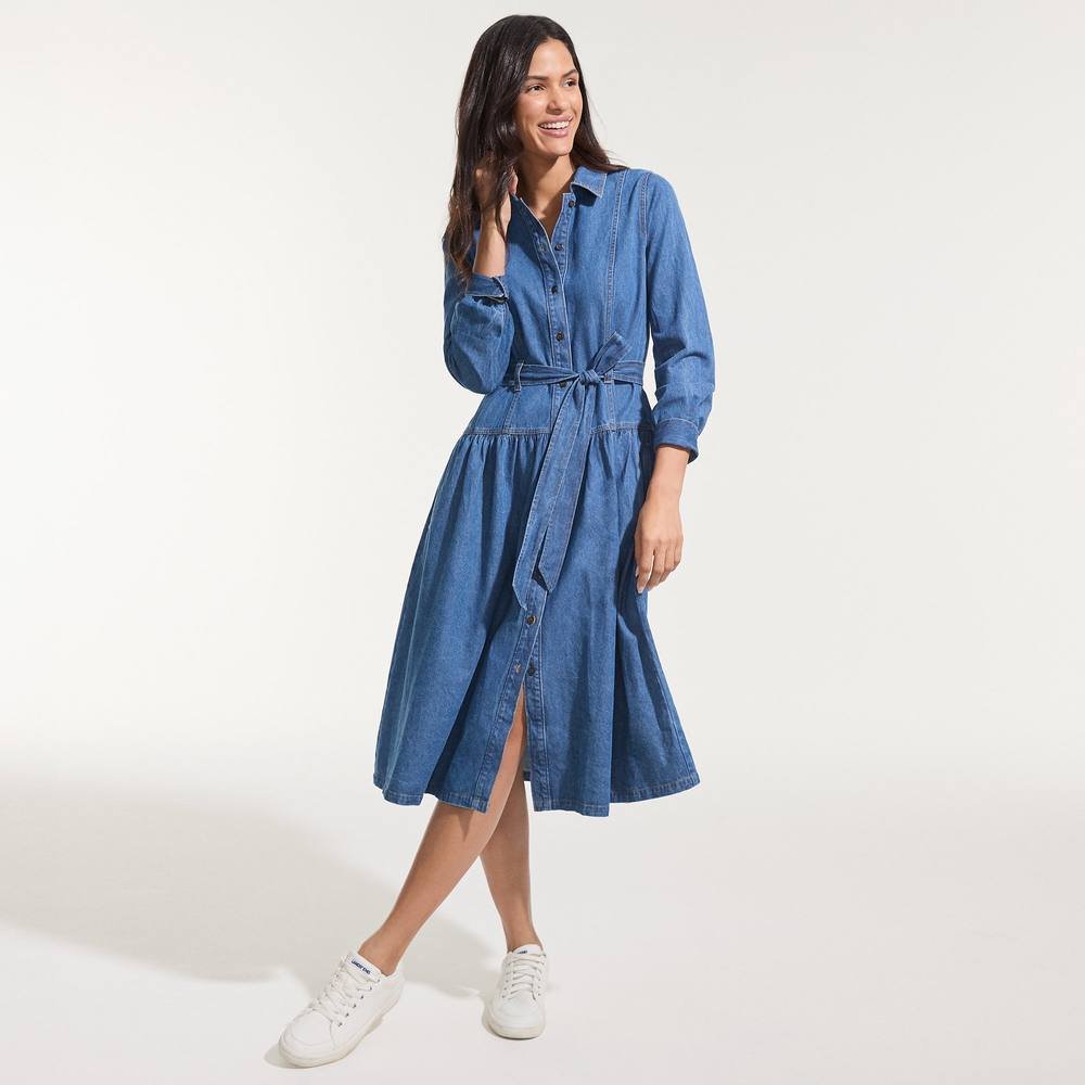 lands end Lands' End Women's Petite Long Sleeve Midi Shirt Dress in Blue - 2