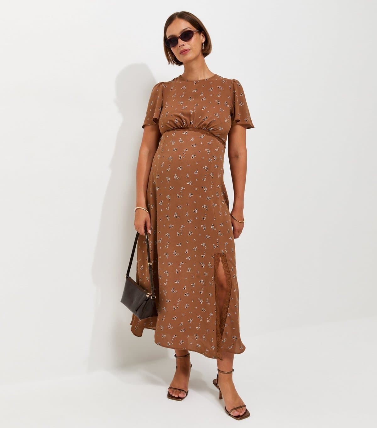 New Look Women's Maternity Brown Floral Print Lace Trim Midi Dress New Look