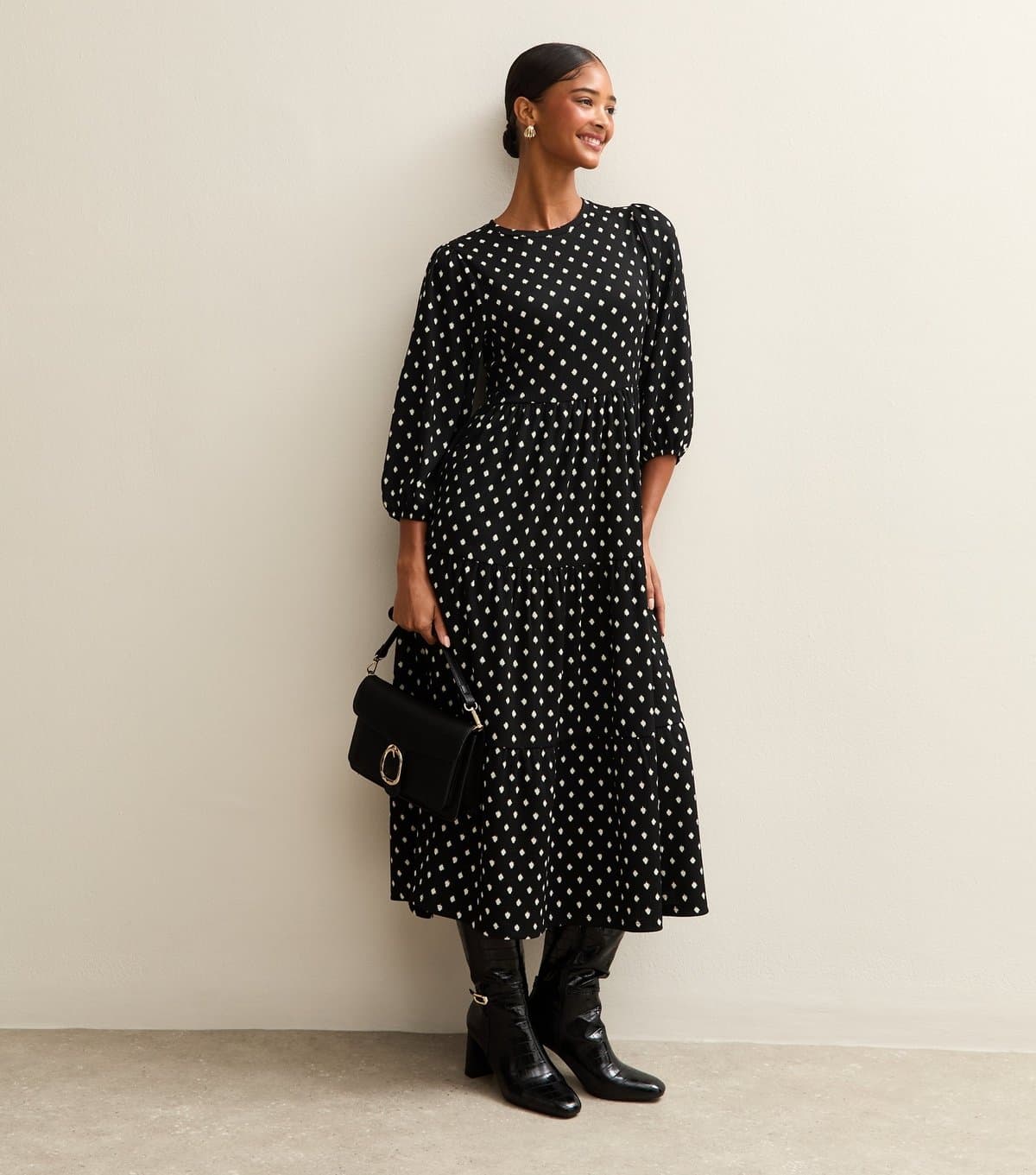 New Look Women's Black Spot Crinkled Tiered Midi Dress New Look