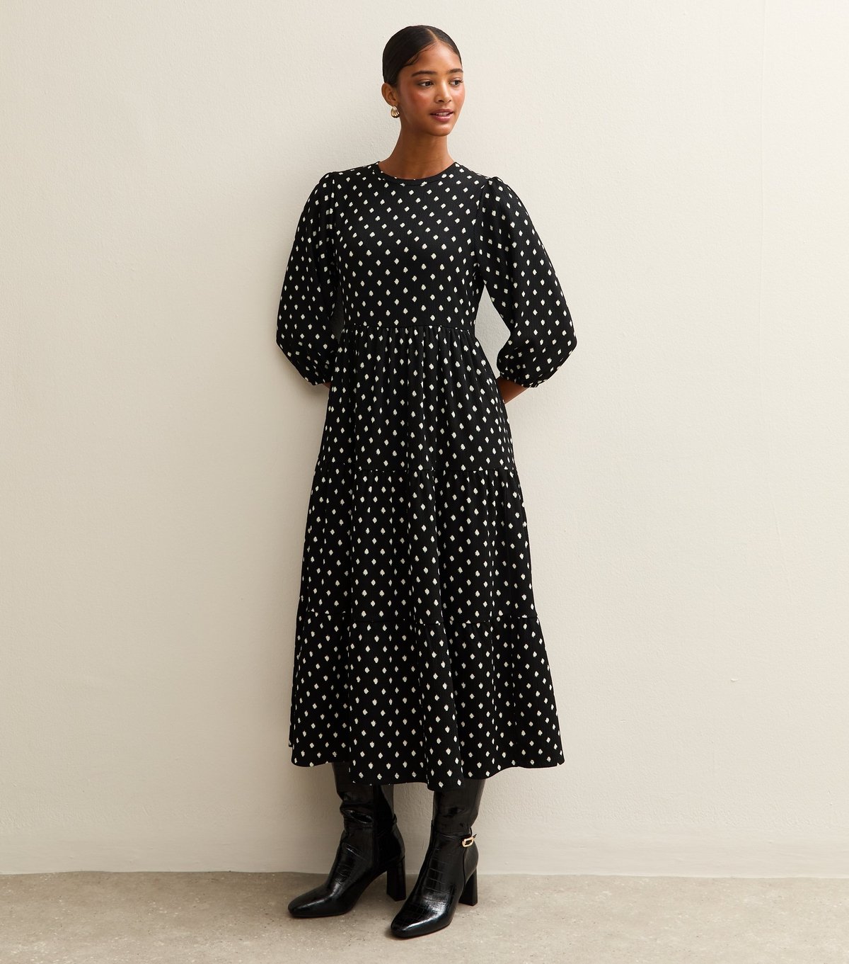 New Look Women's Black Spot Crinkled Tiered Midi Dress New Look - 3